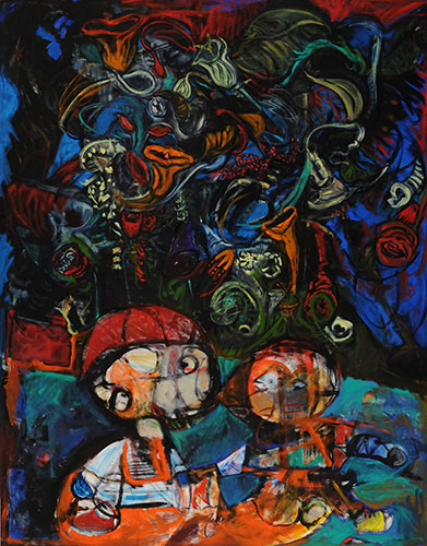 abstract figures in a dark garden